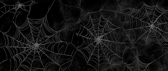 Eerie black spider web silhouettes, perfect for a Halloween banner or spooky celebration panorama, AI Generated