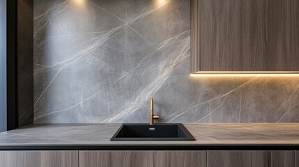 Wall Mural - A contemporary kitchen showcases a black sink paired with brass fixtures on a marble countertop. Soft lighting highlights the elegant design elements and clean lines