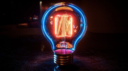 Poster - striking neon light bulb radiates electric blue and bright pink hues creating energetic aesthetic set solid black background. sleek design and glowing accents add modern flair.