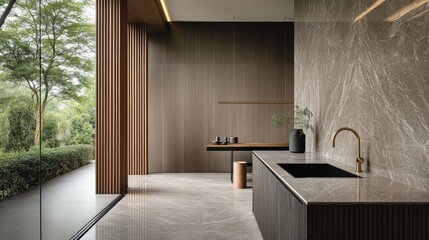 Wall Mural - A contemporary kitchen showcases a black sink paired with brass fixtures on a marble countertop. Soft lighting highlights the elegant design elements and clean lines