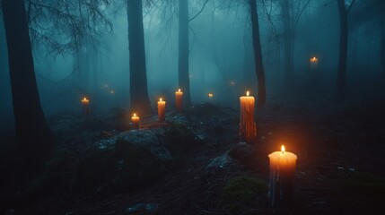 lit candles in the middle of a foggy night forest