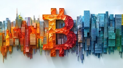 Aufkleber - bold and artistic depiction Bitcoin symbol created origami techniques showcases vibrant colors and sharp angles. These unique elements stand minimalist backdrop.