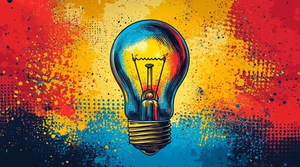Aufkleber - Bright and energetic pop art illustration features light bulb vivid hues red yellow and blue playful background. design captures lively spirit pop culture.