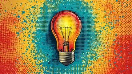 Fototapete - vibrant pop art illustration showcases light bulb filled energetic colors and graphic patterns. Set clean background it captivates attention its lively design.