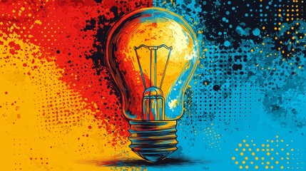 Aufkleber - lively illustration features light bulb design bright hues red yellow and blue set white backdrop. It showcases playful graphic elements capture essence Pop Art.