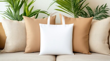 Wall Mural - A minimalistic white shopping bag sits on a soft, cream-colored couch surrounded by plush pillows in a contemporary living room. Decorative plants and soft lighting enhance the ambiance.