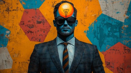 Aufkleber - pop art illustration features stylishly dressed man large colorful light bulb head.