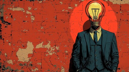Aufkleber - stylishly dressed man stands confidently colorful light bulb head representing creativity and innovative thinking. dynamic background features bright playful elements.