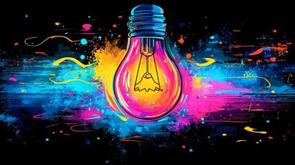 Aufkleber - dynamic illustration showcases neon light bulb pop art style bright pink electric blue and yellow hues black backdrop.