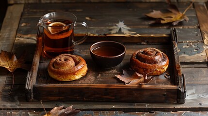 Wall Mural - A rustic wooden tray with pumpkin spice tea, a cinnamon roll, and fall leaves,