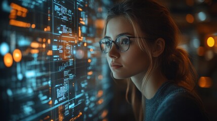 Poster - A professional analyzing data with AI technology in a modern office environment at night
