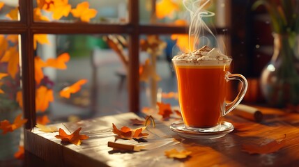 Wall Mural - A steaming pumpkin spice latte in a cozy caf?(C) setting, with autumn leaves outside the window,