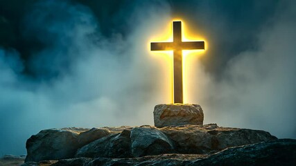 Poster - illuminated cross on rocky hill with foggy background, symbol of faith and spirituality concept