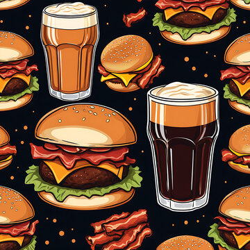Dark ale with bbq bacon cheeseburger sliders. Vector colorful illustration EPS. AI generated image.