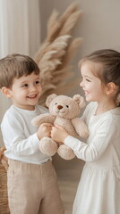 Wall Mural - Two small children exchanging teddy bears as Valentine gifts, with wide smiles and a simple, neutral backdrop