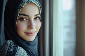 Portrait of young Arab Muslim woman smiling at home.