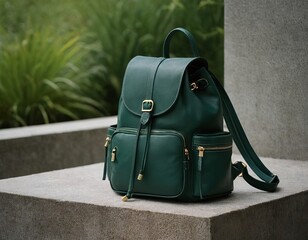 Stylish green leather backpack resting on a stone surface amidst greenery.