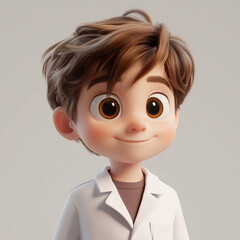 adorable cartoon character of a young boy wearing a white coat with a cheerful and friendly expressi