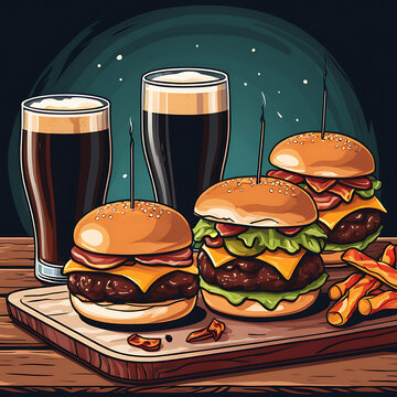 Dark ale with bbq bacon cheeseburger sliders. Vector colorful illustration EPS. AI generated image.