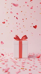 Wall Mural - White gift box with red ribbon bow, surrounded by scattered pink rose petals and small gold hearts on a light pink background Valentine's day vertical social media concept, photo footage stories reels