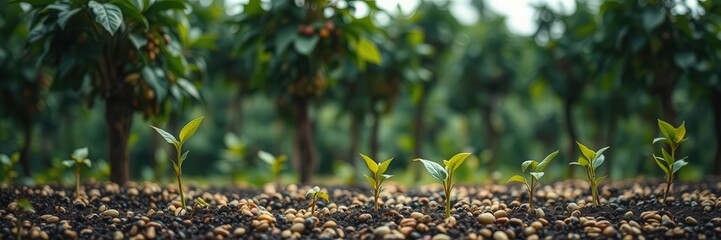 coffee bean seedlings sprouting in a lush, green natural background showcasing the concept of growth