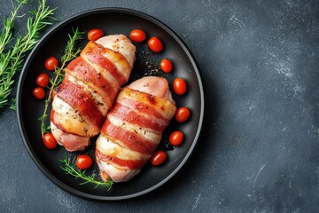 Wall Mural - Pan seared chicken breast wrapped in bacon Nutrient rich weight loss friendly Space for text overhead view