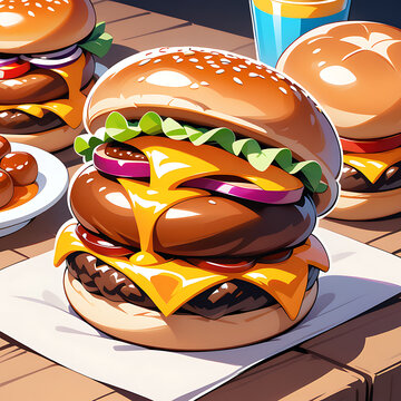 Dark ale with bbq bacon cheeseburger sliders. Vector colorful illustration EPS. AI generated image.