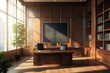 © Azhorov - Elegant wooden office interior with large windows and modern furniture in a bright urban setting during the day. Generative AI
