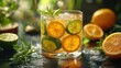 Refreshing drink with citrus slices and herbs.