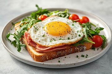 Wall Mural - Toast with fried egg, ham, arugula, cherry tomatoes and spices for breakfast