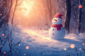 Wall Mural - snowman wearing red scarf and hat enjoying winter wonderland in snowy forest
