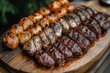 Wall Mural - Grilled meat and potatoes lying on wooden cutting board