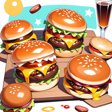 Dark ale with bbq bacon cheeseburger sliders. Vector colorful illustration EPS. AI generated image.