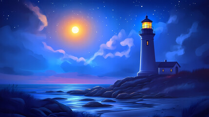 Wall Mural - Majestic lighthouse illuminating the starry night sky over the serene ocean, digital art of landscape concept. Serendipity. Illustration