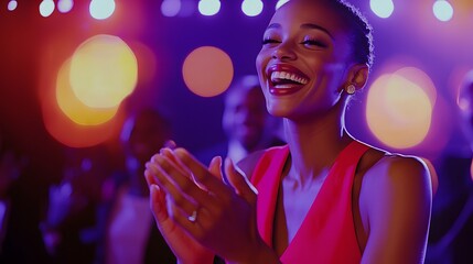 Wall Mural - Elegant woman in a vibrant pink dress laughing and clapping under dynamic stage lights at a formal evening event with a lively crowd in the background
