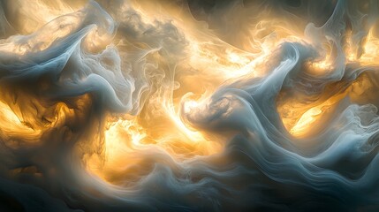 Wall Mural - surreal golden and white swirling smoke clouds, illuminated dramatically with soft glowing light, cr