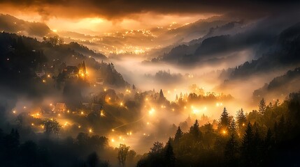 Wall Mural - dreamy mountain village illuminated by soft golden lights at dusk, surrounded by mist and dramatic s