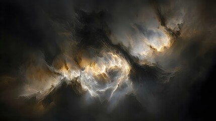 Wall Mural - dramatic cosmic cloudscape with dark swirling fog and golden light beams creating a mysterious atmos