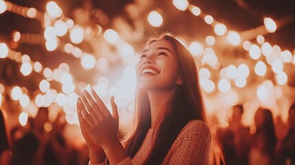 Wall Mural - Joyful woman clapping amidst warm glowing lights, blurred festive crowd background enhancing celebration atmosphere