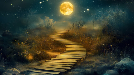 Wall Mural - Enchanting moonlit pathway through luminous forest under dreamy skies, digital art of fantasy landscape concept. Serendipity. Illustration