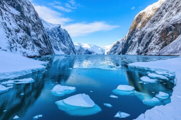 Wall Mural - Stunning  fjord with snow-covered cliffs and floating ice in tranquil waters captured in winter scenery