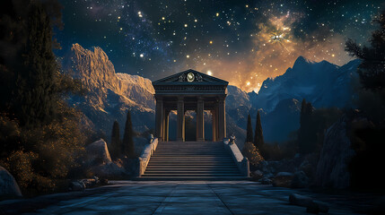 Wall Mural - A serene temple at twilight surrounded by majestic mountains and starry skies, digital art of fantasy landscape concept. Serendipity. Illustration