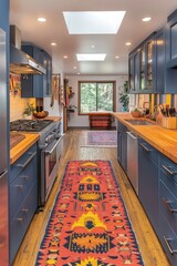 Canvas Print - Stylish Kitchen Interior Design with Blue Cabinets and Rug