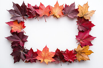 Wall Mural - Minimal autumn frame with maple leaves on white background, copy space