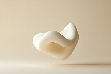 Poster - Abstract white sculpture suspended in mid-air against a soft beige background showcasing minimalist design. Generative AI
