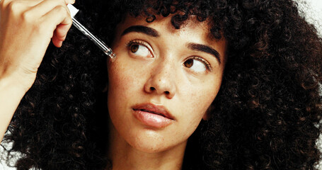 Wall Mural - dropper, skincare or woman with serum for beauty shine or facial glow on studio background. face, ch