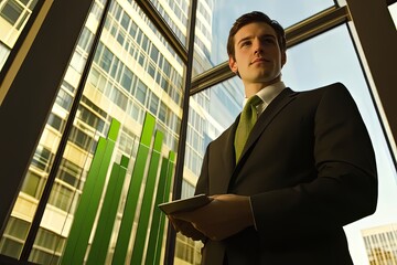 Poster - Business professional analyzing financial data in a modern office with city view during daylight hours. Generative AI