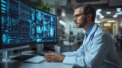 Poster - Healthcare provider analyzes patient data on dual monitors in a medical facility during the day