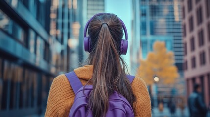 Back view of white woman with long hair wearing purple headphones in Urban setting