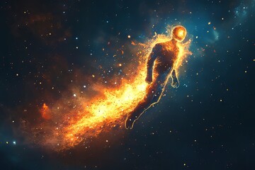 Poster - Mysterious figure transcends space in fiery journey through the cosmos. Generative AI
